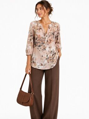 Ava & Grace Neutral Floral Tunic Blouse Boho Poetcore Romantic 3/4 Sleeve